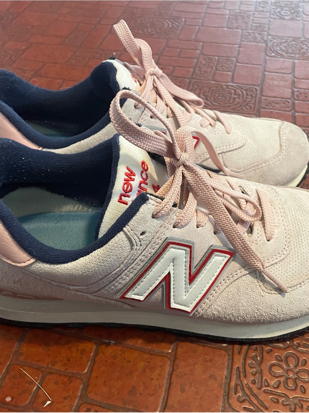 New Balance Women’s Light Pink Suede Lace-Up Sneakers with Navy Lining